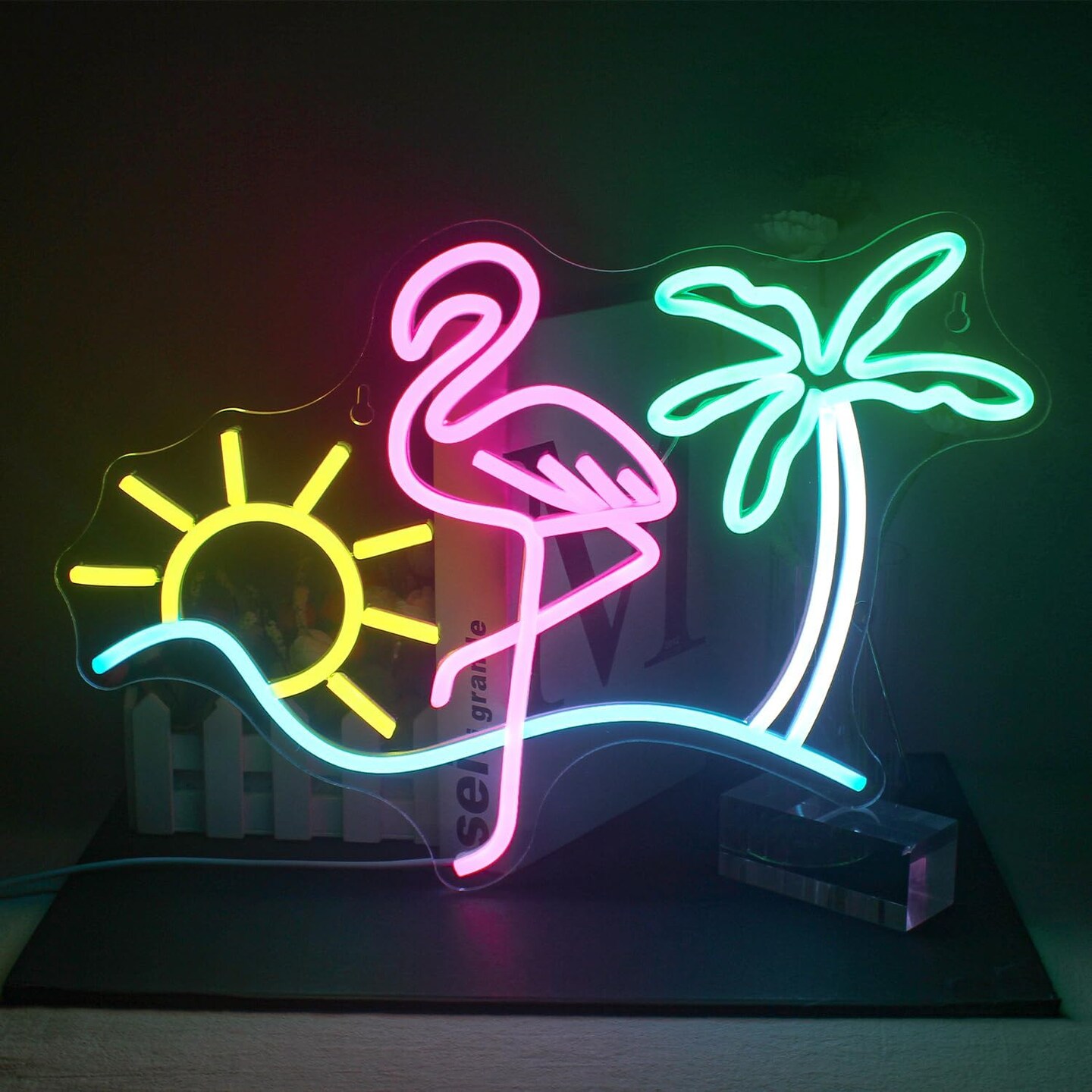 Summer Flamingo &#x26; Palm Tree Neon Sign &#x2013; Wall Decor for Home Bar, Beach Restaurant &#x26; Party (16.5&#x22; x 12.2&#x22;)