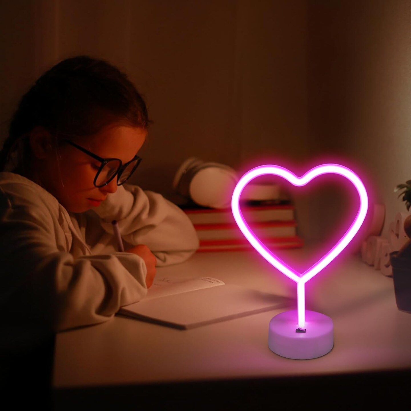 Summer Heart Neon Signs &#x2013; 2-Pack Pink LED Heart Lights, Battery or USB Powered Neon Lamp for Bedroom, Party, and Room Decor