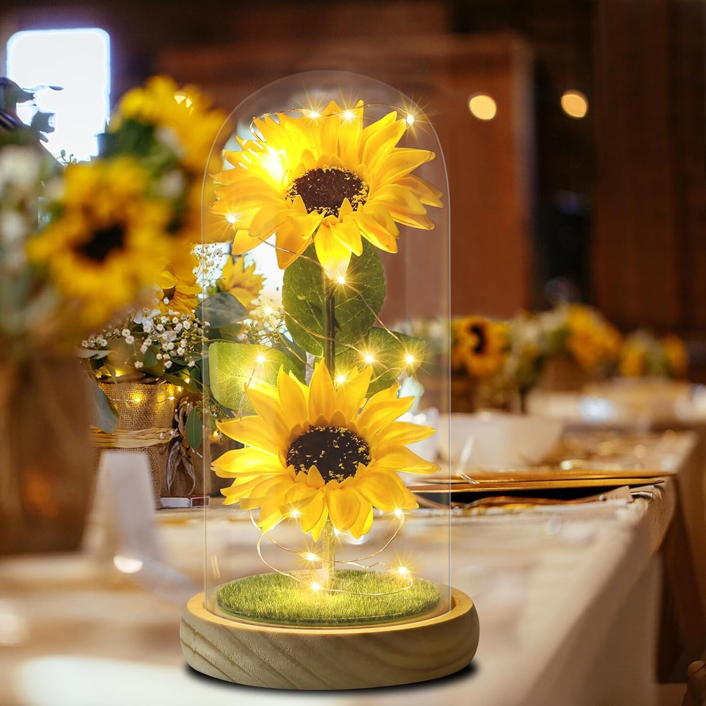 Sunflower Tabletop Gifts for Women Mom Grandma, Enchanted LED Sunflower Lamp, Unique Artificial Flowers in Glass Dome