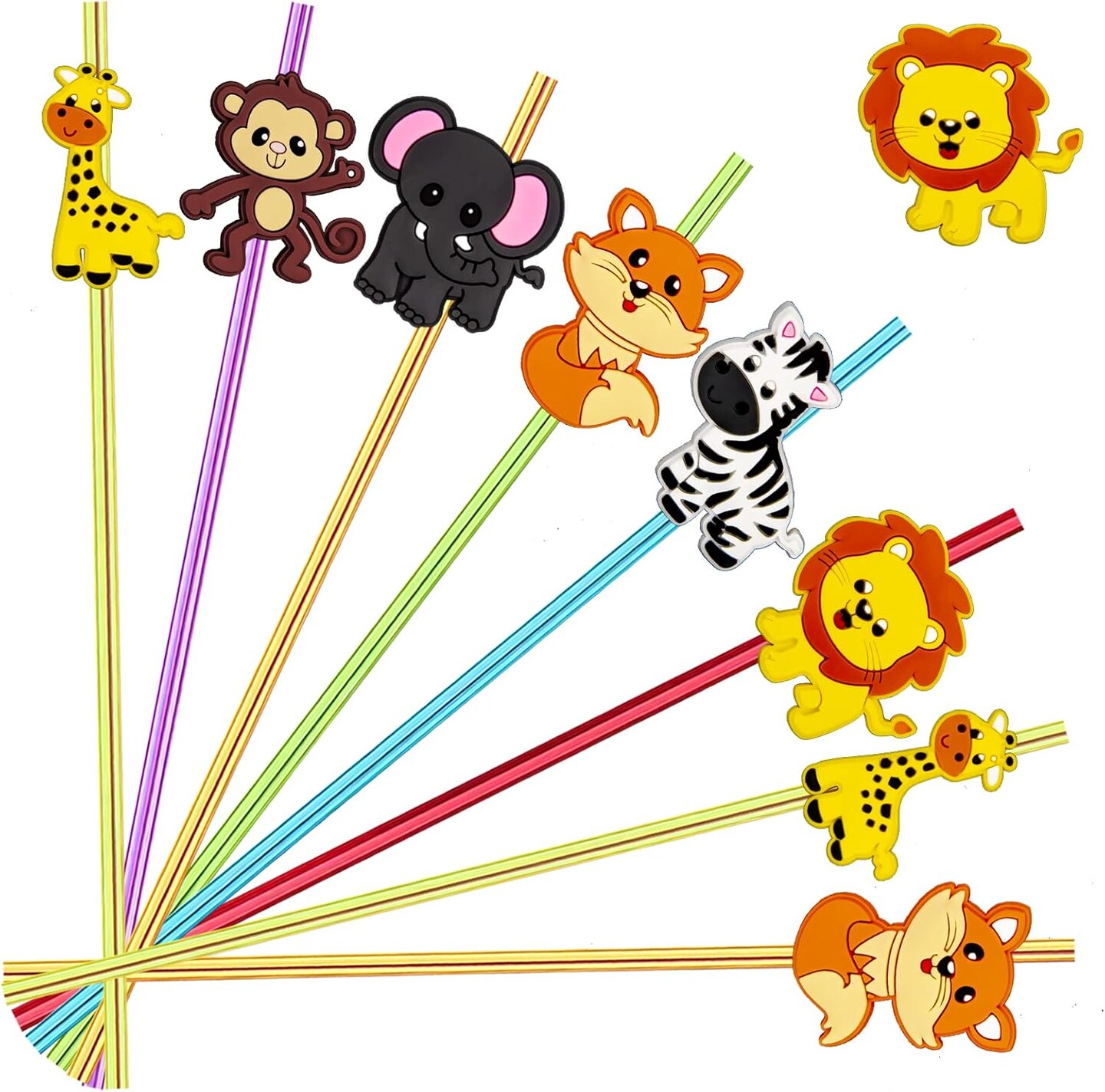 24pcs Reusable Forest Animals Crazy Straws, Drink Cocktail Straws for Lion Fox Zebra Giraffe Safari Birthday Party Supplies Favors, Woodland Party Favors with 2 Cleaning Brushes 6 Colors