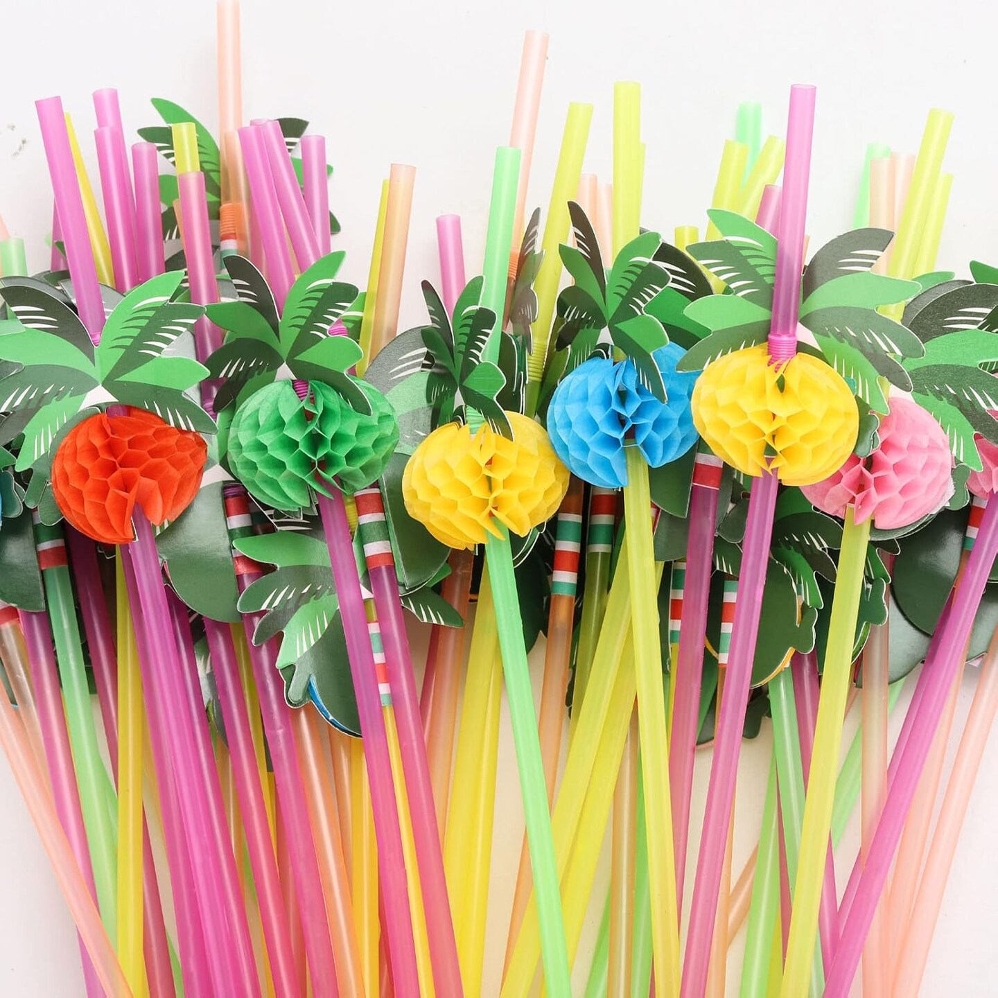 100pcs Coconut Tree Drinking Straws, Disposable Honeycomb Plastic Straws, Tropical Hawaiian Beach Cocktail Pool Luau Party Decorations Supplies