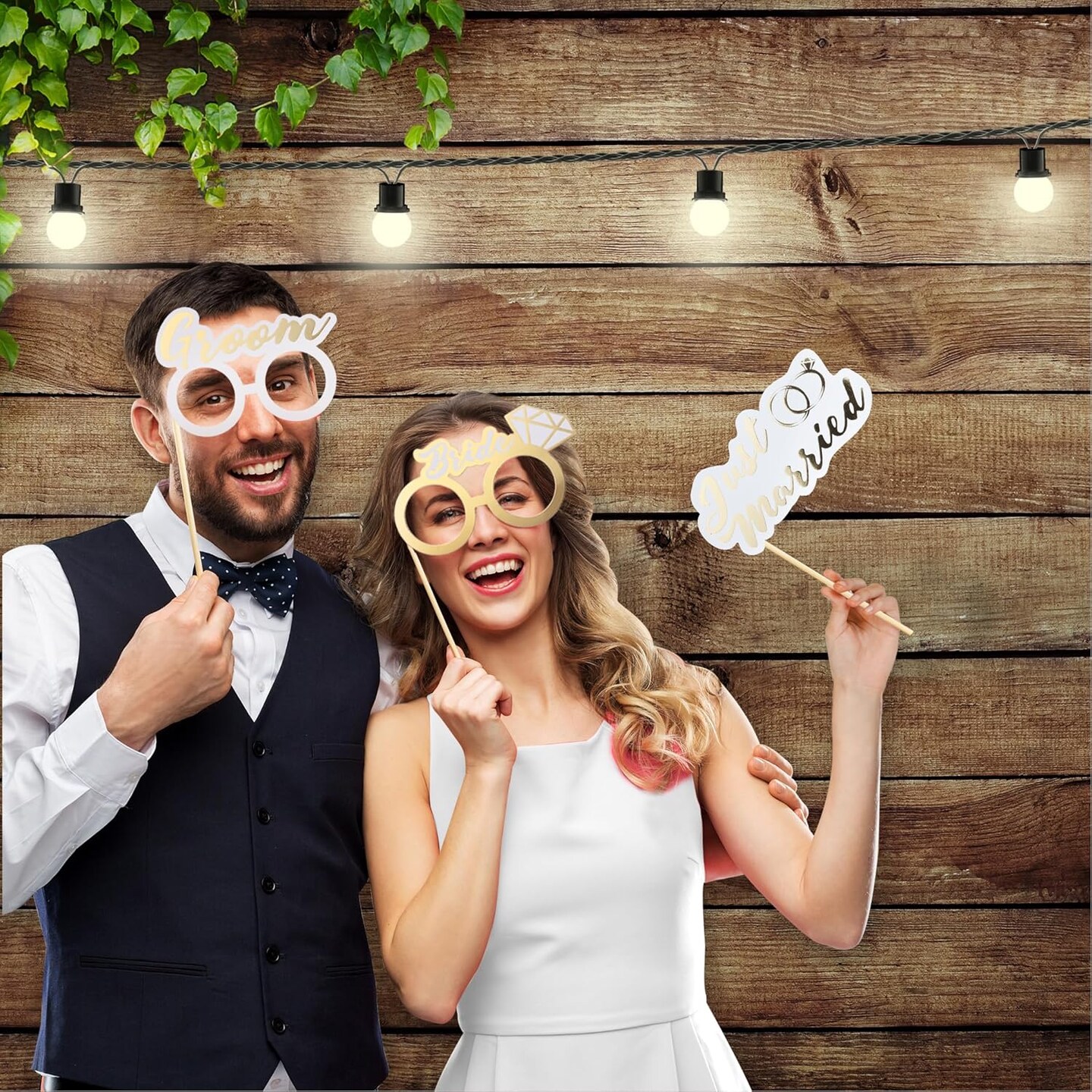 60PCs Fully Assembled Wedding Photo Booth Props - Prop Stand - Gold Signs - Elegant Wedding &#x26; Reception Party Supplies- Funny Wedding Props -Gold Foil Print &#x2013; Bridal PhotoBooth