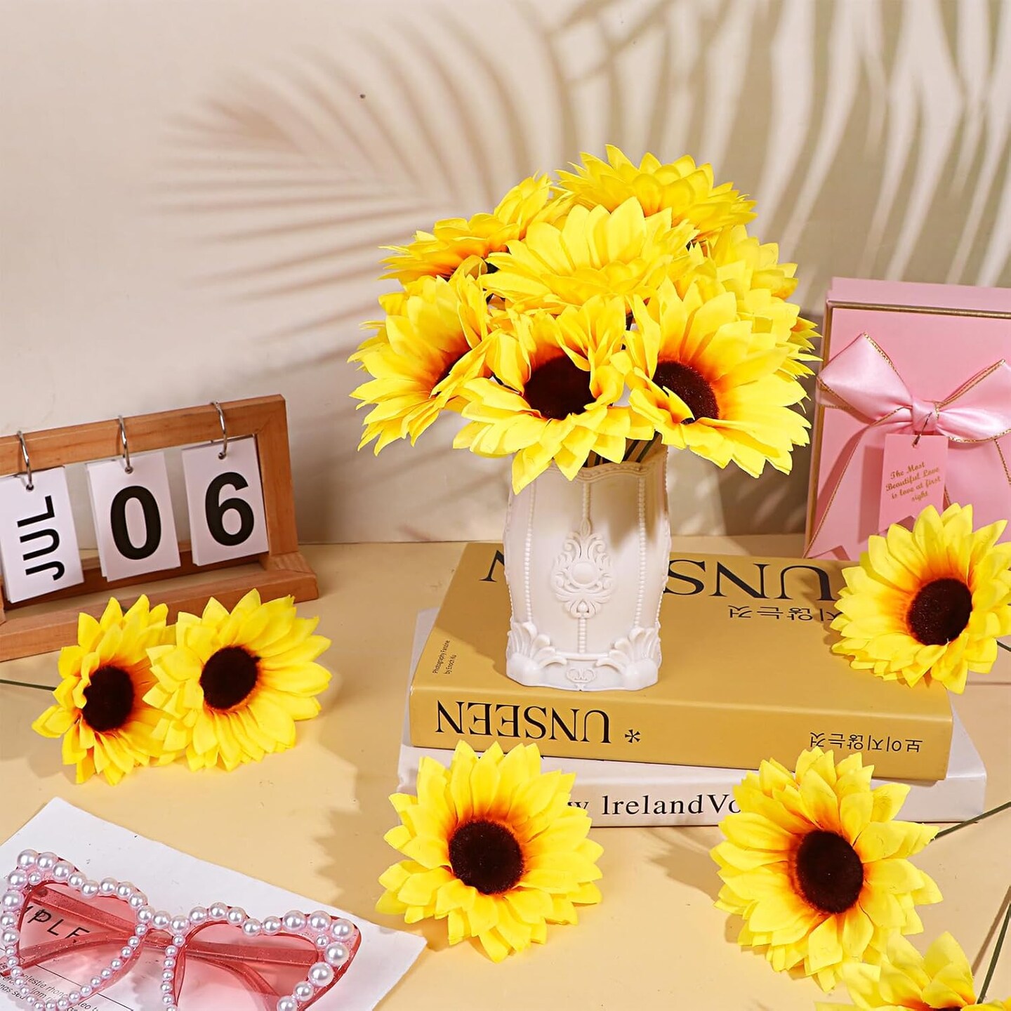80 Pcs Summer Sunflowers &#x2013; 4.1&#x22; Yellow Artificial Flower Heads with Stems for DIY Projects &#x26; Seasonal Home Decor Floral Arrangements