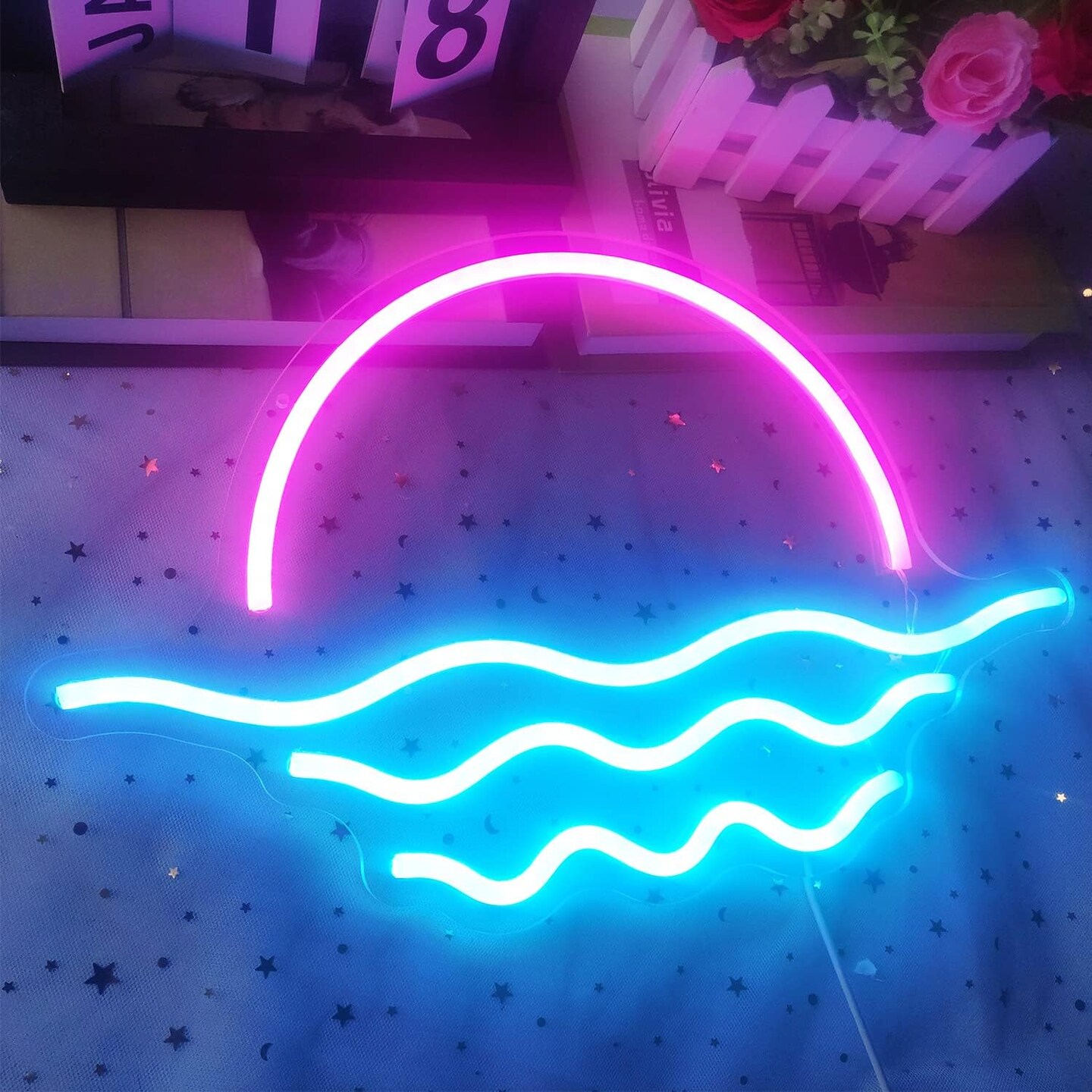 Summer Sunrise Sunset Neon Sign – Dimmable Wave LED Light for Tropical Bedroom & Bar Decor (Ice Blue & Pink, 15.6in)