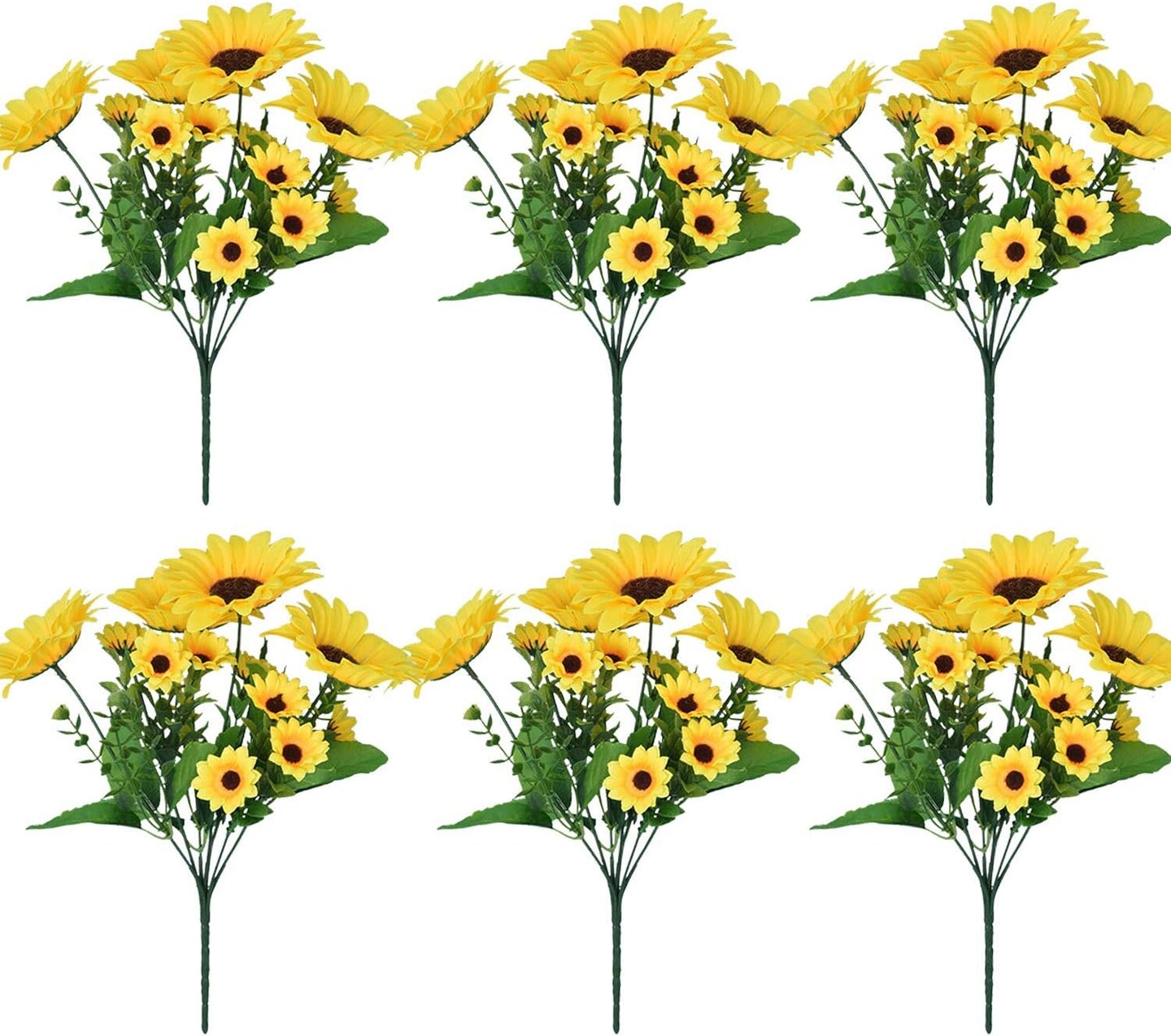 Summer Sunflowers &#x2013; 6 Pack 12&#x22; Artificial Silk Flowers with Stems, 13 Heads &#x26; 27 Leaves for Indoor &#x26; Outdoor Decor Floral Arrangements