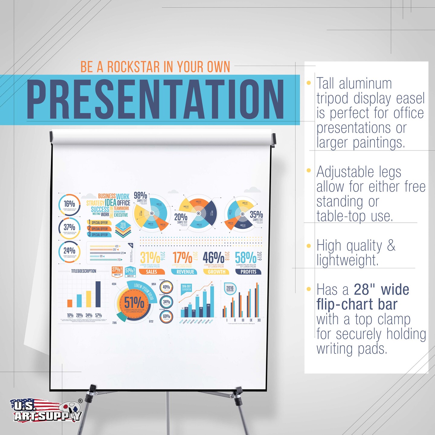 66" High Classroom Silver Aluminum Flip Chart Easel & Presentation Stand (4 Pack) - Adjustable Floor/Tabletop, Portable Tripod, Holds 25 lbs., for Chart Paper, Poster Boards, & Pads