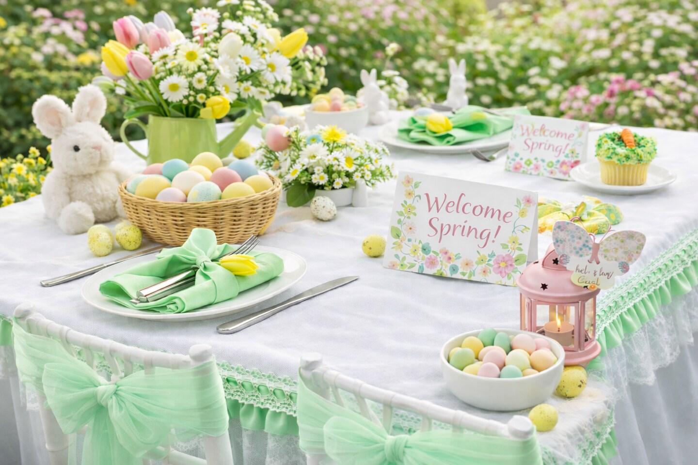 Spring & Easter Table Decor Bundle – Gathered Lace Trim (25 yd) + Tulle Roll (40 yd) | DIY Table Runner & Party Decor