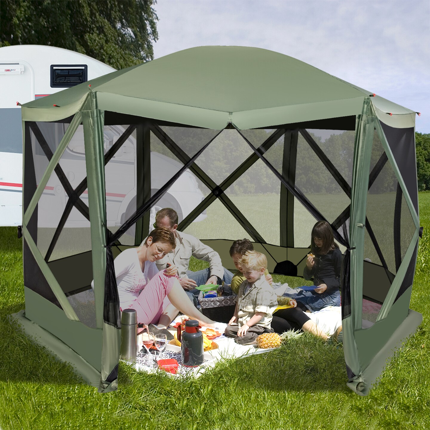 Costway 11.5 X 11.5 FT 6-Sided Pop-up Screen House Tent With 2 Wind Panels for Camping Coffee/Green
