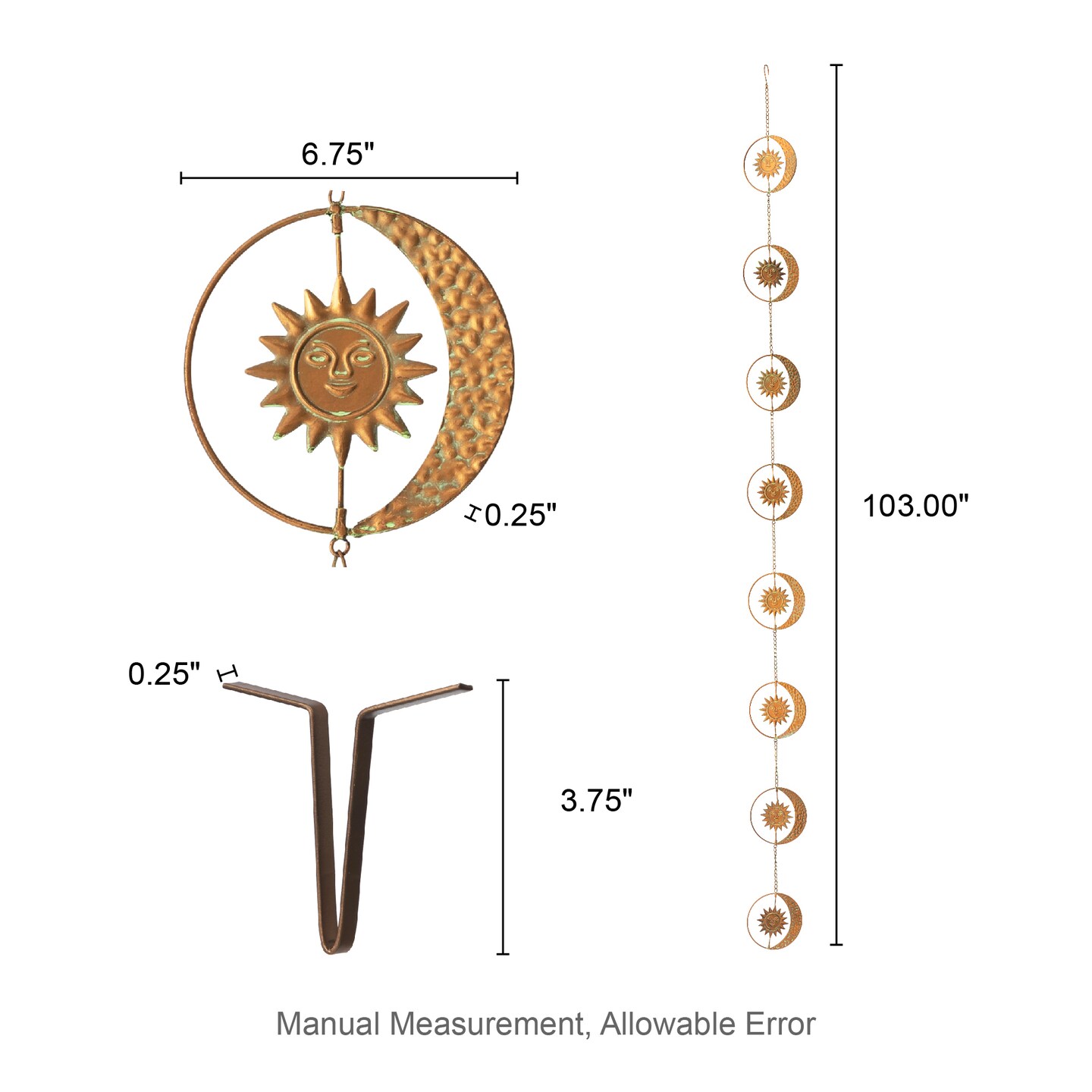 8.5ft 8-Piece Faux Copper Patina Finish Sun and Moon Rain Chain with V-Shaped Gutter Clip