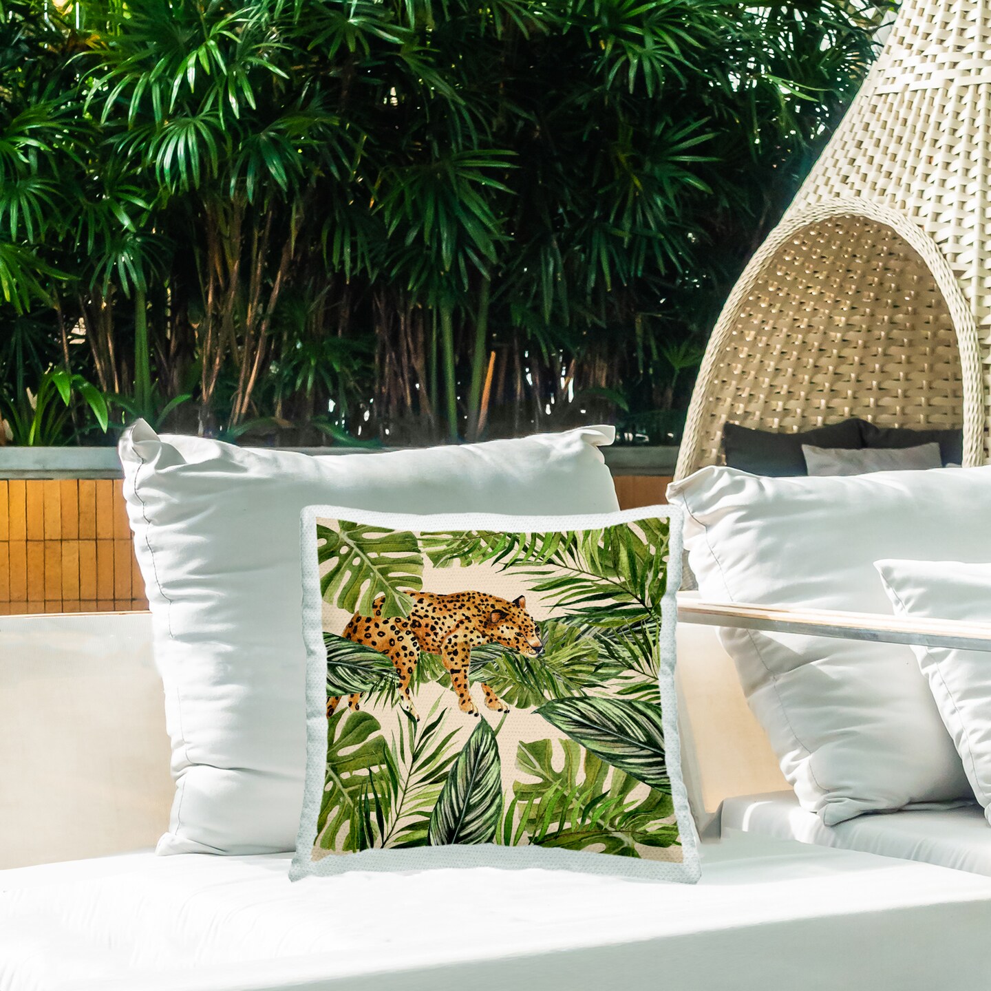 Resting Leopard on Branch Outdoor Printed Pillow Design by Janet Tava, 18 x 7 x 18