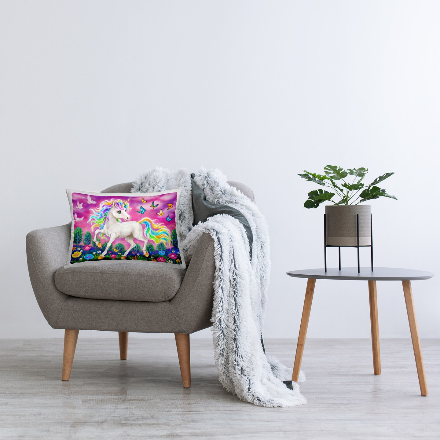 Unicorn & Garden Butterflies Design by Kayomi Harai Throw Pillow