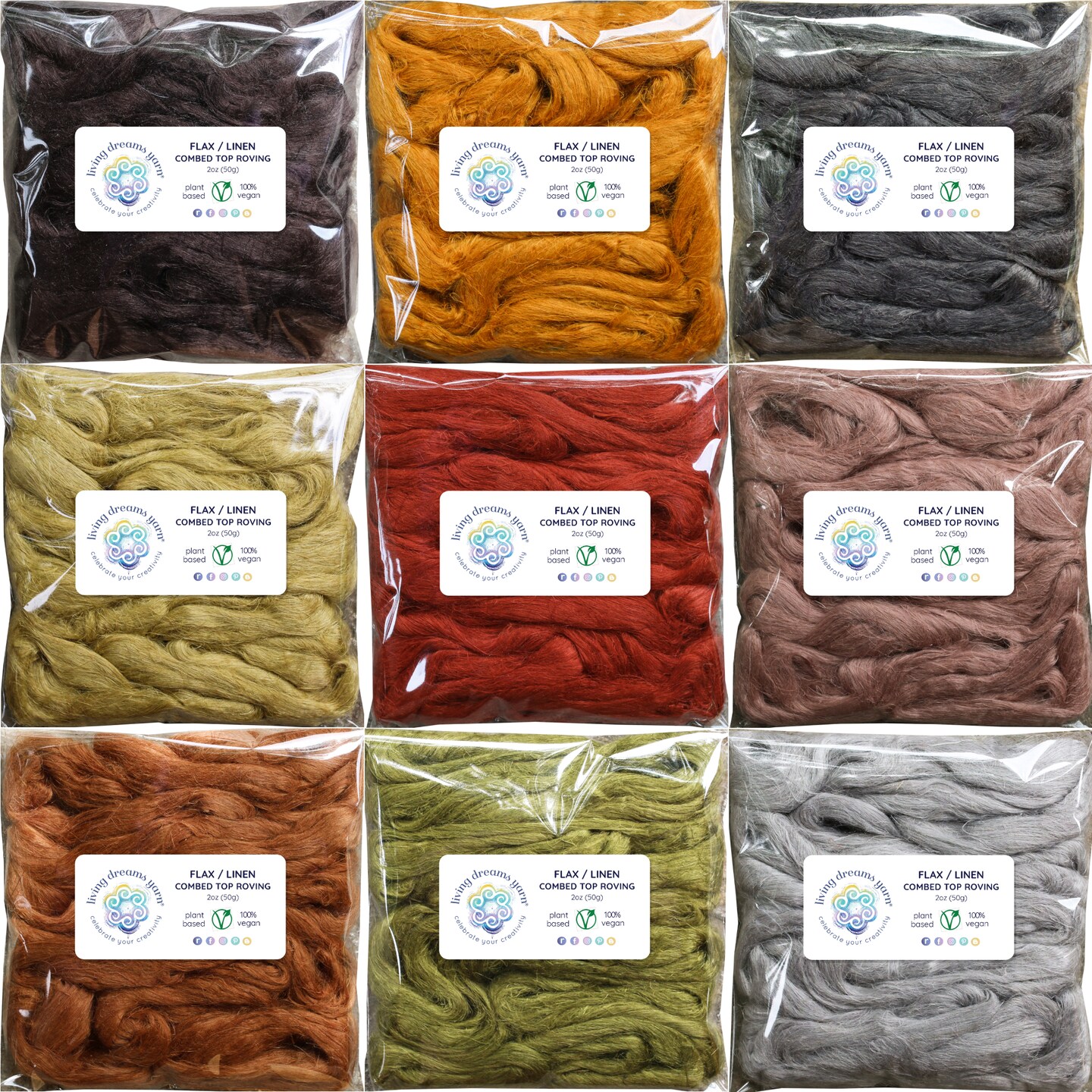 Flax/Linen - Beautifully Dyed Vivid Colors, Combed Top Roving for Spinning, Blending, Felting, Weaving.