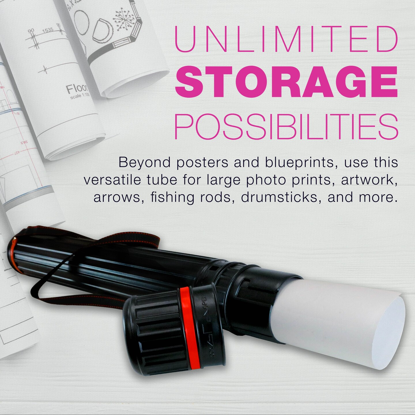 Black Telescoping Drafting Tube: Diameter: 4-7/8 inch OD, 4-1/2&#x22; ID, Length: 30-1/4 to 47-3/4 inches - 2 Pack