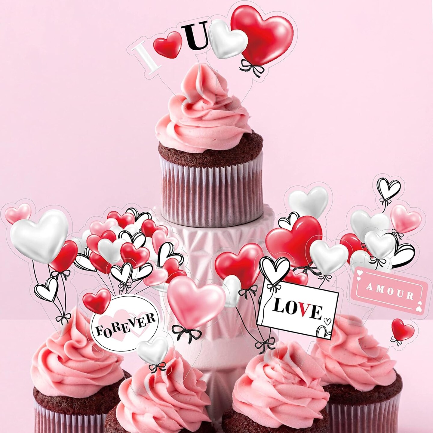 33 Pcs Love Heart Cupcake Topper Red White Pink Valentine&#x2019;s Day Muffin Cake Decorations Mothers Day Birthday Proposal Engagement Anniversary Party Supplies Love Romantic Topper Bulk Picks