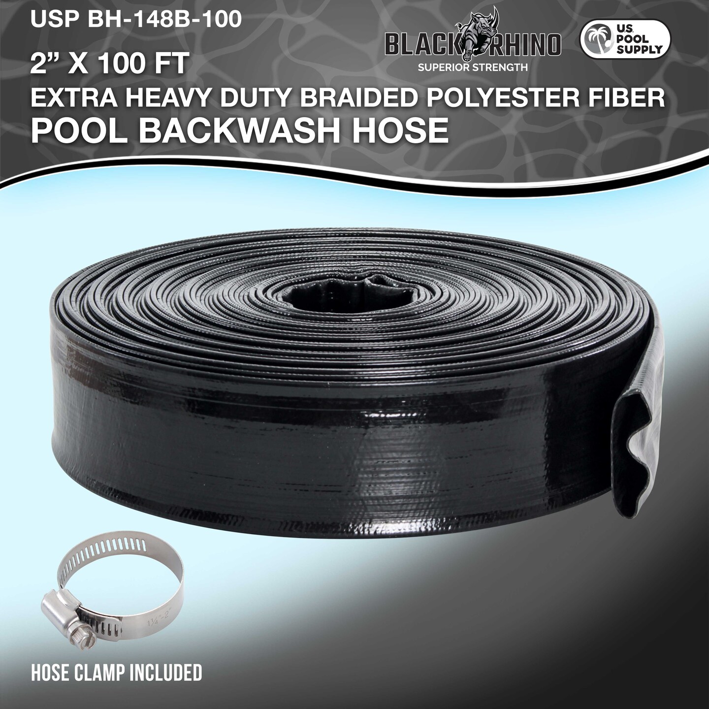 U.S. Pool Supply&#xAE; Black Rhino 2&#x22; x 100&#x27; Pool Backwash Hose with Hose Clamp - Extra Heavy Duty Superior Strength, Thick 1.2mm (47 mils) - Weather Burst Resistant