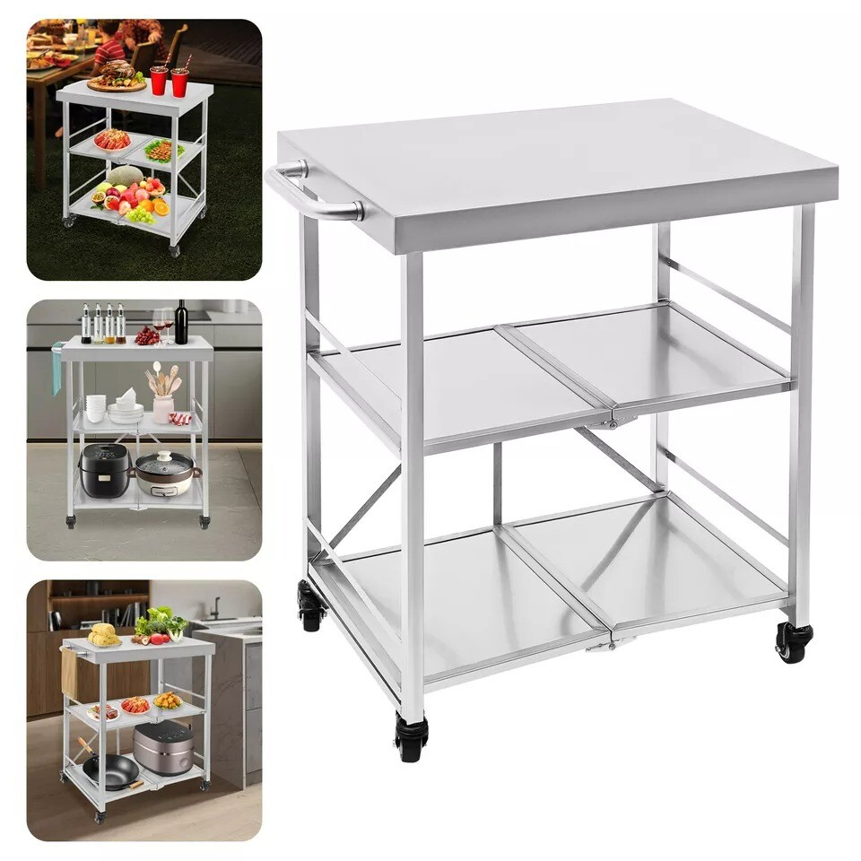 3 Tiers Utility Cart with Wheels Storage Shelf Kitchen Cart Fold Stainless Steel