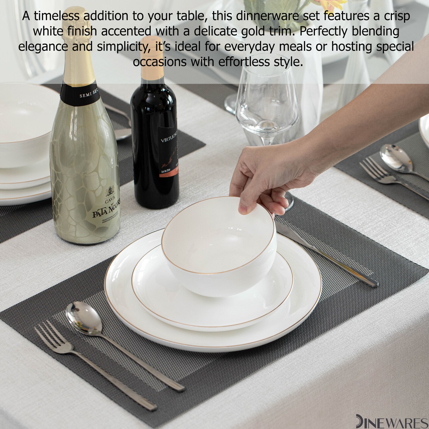 Perlaceo Luxurious Collection of White with Gold Rim Bone China Dinnerware Set - Lightweight and Durable - Service for 4 or 8, Including Dinner Plates, Salad Plates, and Cereal or Soup Bowls