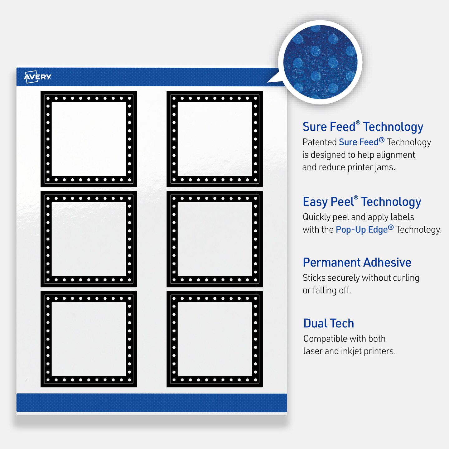Avery Printable Square Labels, Black and White Polka Dots, 3&#x22; x 3&#x22;, Glossy White Square Labels, Permanent, Laser/Inkjet, 60ct, Great for Product Labels