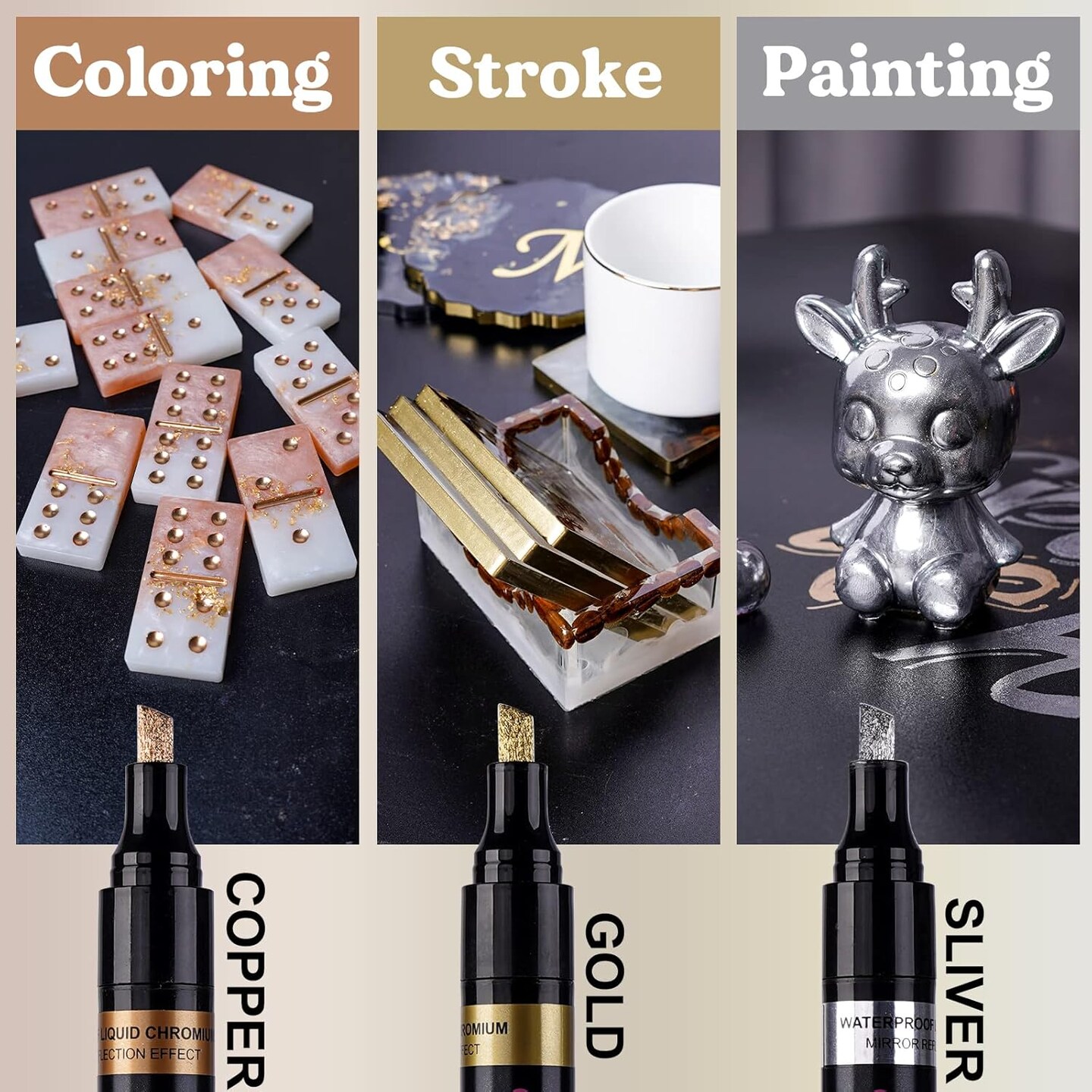 LET&#x27;S RESIN Liquid Mirror Chrome Metallic Markers, Reflective Gloss, 2-5mm Larger Application Area, 3 Colors Epoxy Resin Tools/Supplies for Coloring, Stroke, Painting, DIY Craft