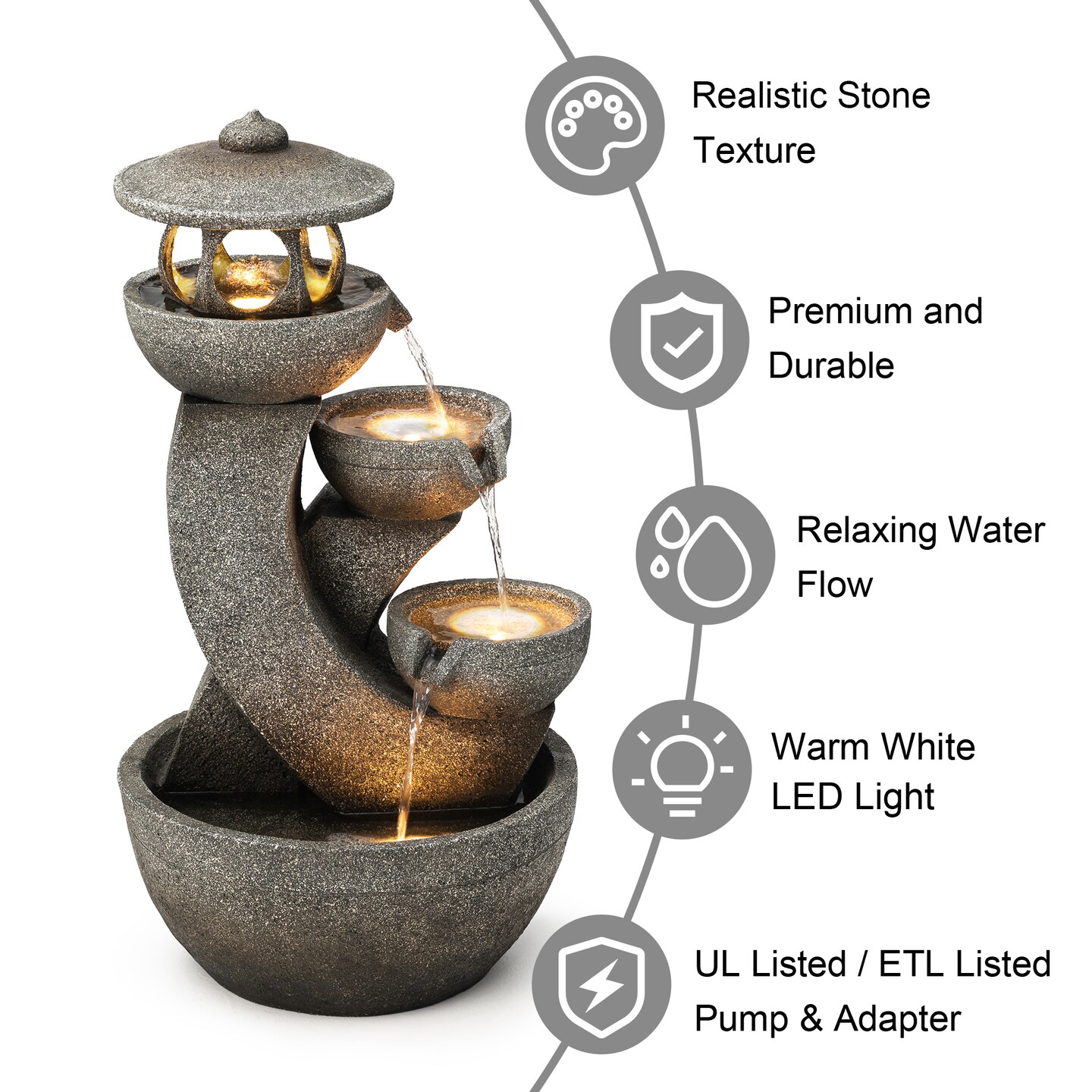 32&#x22;H 4-Tiered Pagoda Polyresin Outdoor Fountain with Pump and LED Light