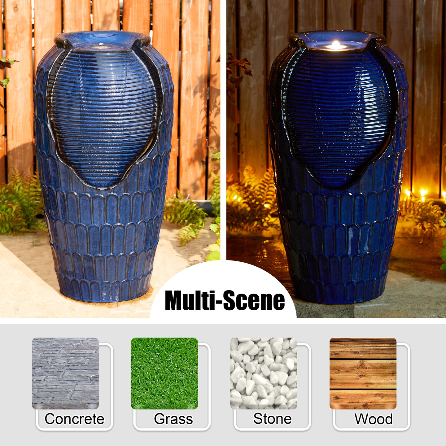 28.25&#x22;H Oversized Petals Textured Ceramic Jar Outdoor Floor Fountain with Pump and LED Light