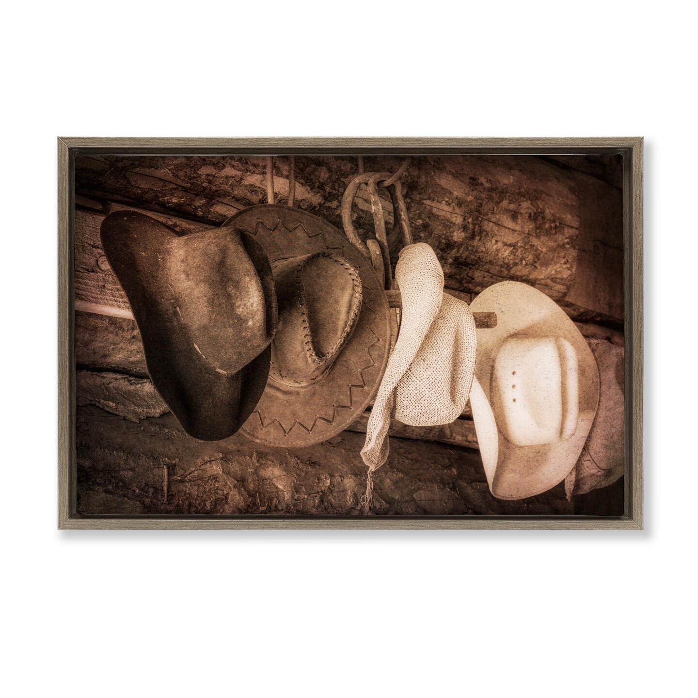 Stupell Industries Rustic Cowboy Hats Framed Floater Canvas Wall Art Design by Danita Delimont