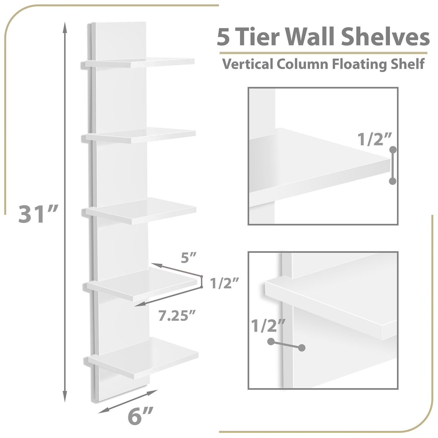 Sorbus 5 Tier Wall Shelf Unit, Vertical Column Utility Shelving for Home Decor and Storage Organizer, Wall-Mounted Floating Shelves