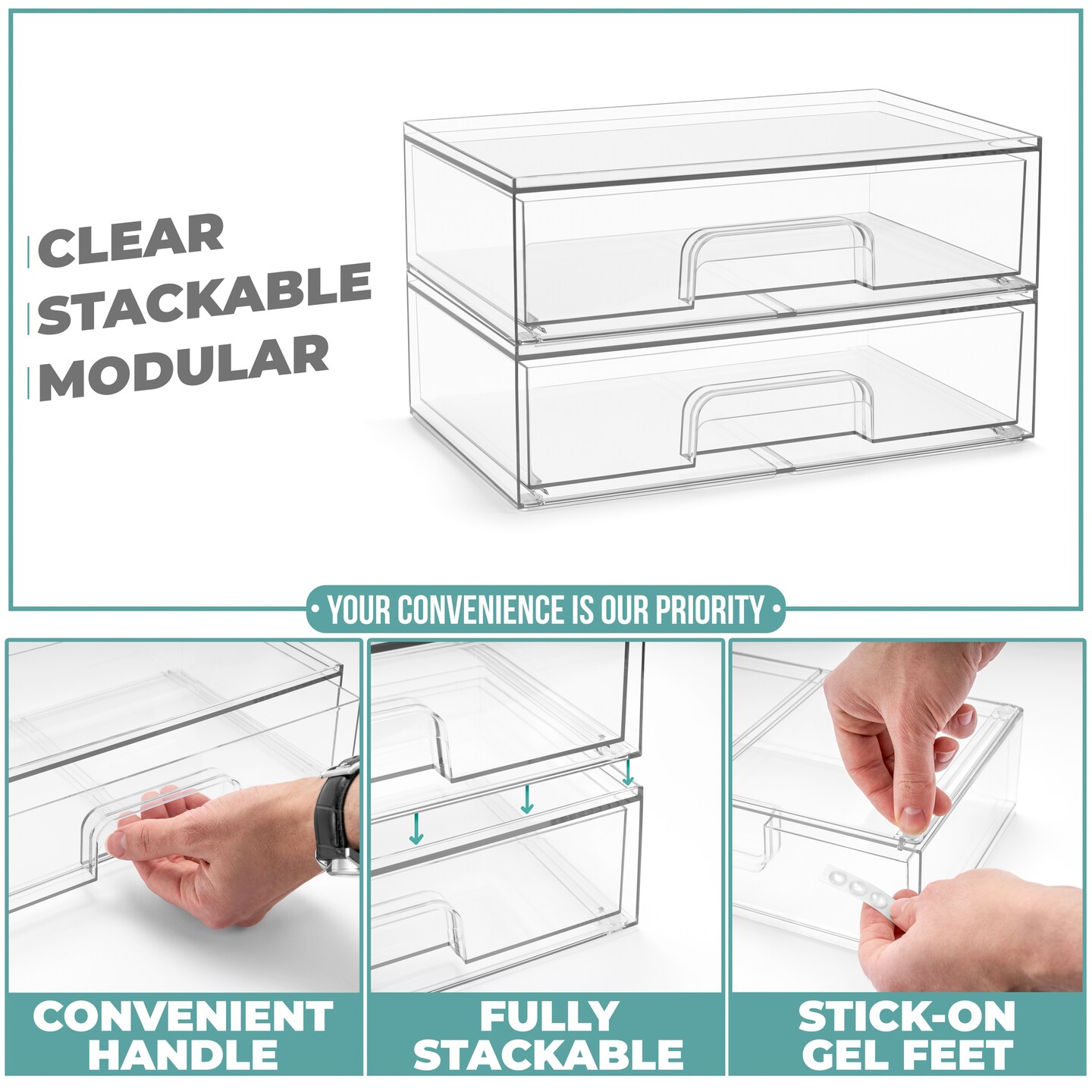 Sorbus Acrylic Storage Containers with Pull-Out Drawers - 2 Pack, 12&#x201D; Clear Long Stackable Storage Bins Set