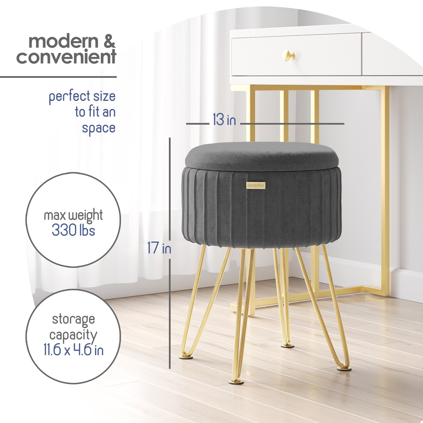 StorageBud Pleated Velvet Storage Ottoman