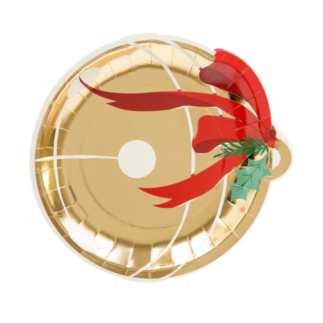 Festive Jingle Bell Shaped Holiday Plates with Gold Foil &#x26; Red Bow &#x2013; 7&#x22; Paper Plates &#x2013; Set of 8 for Christmas Parties