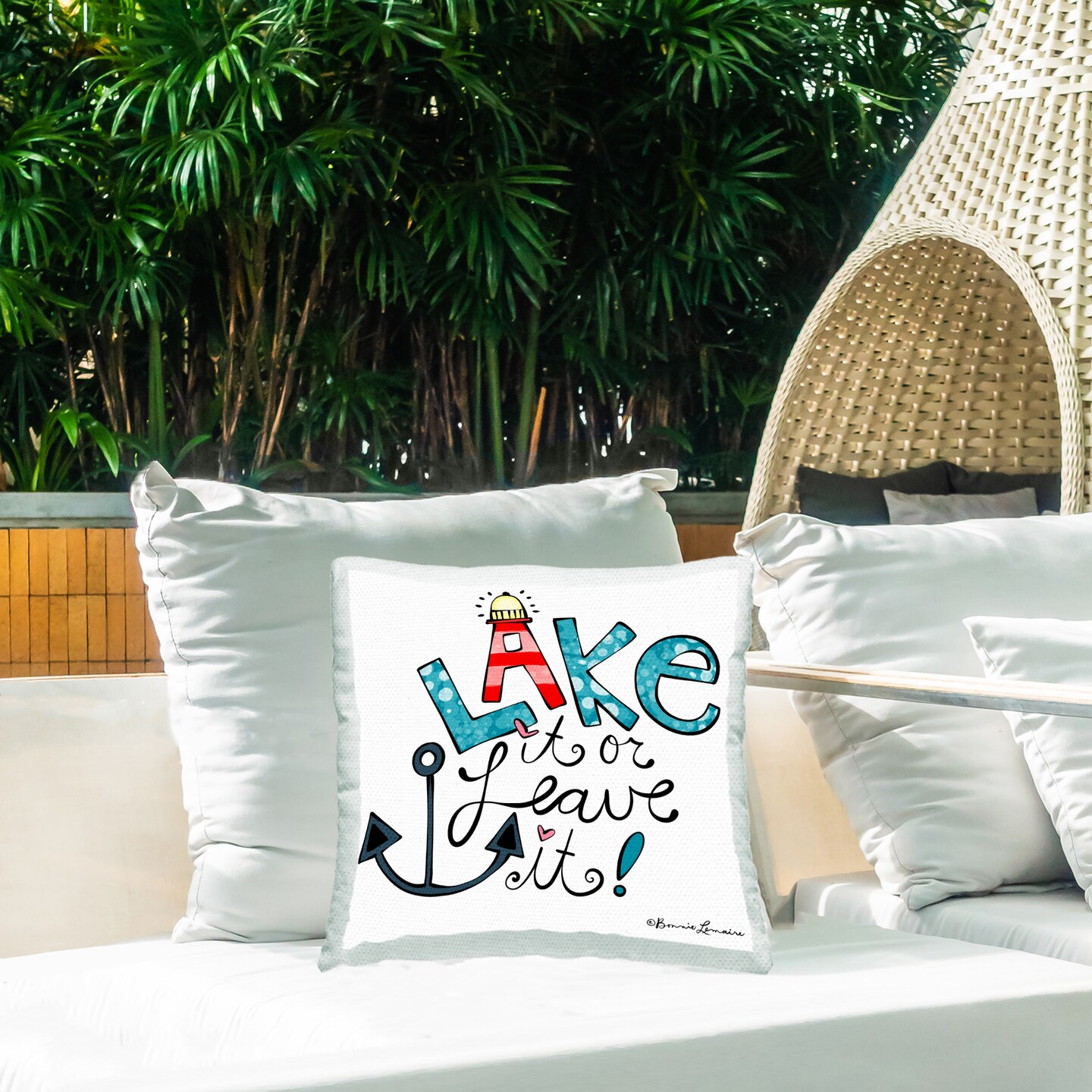 Whimsical Lake Phrase Design by Bonnie Lemaire Outdoor Printed Pillow 