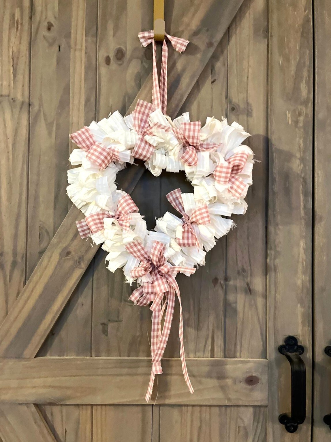 Shabby Chic Heart Rag Wreath Mauve Gingham Art Deco Canvas Vintage Farmhouse Love Nursery Unique Country Cottage Stylish Wreath Handmade - image7