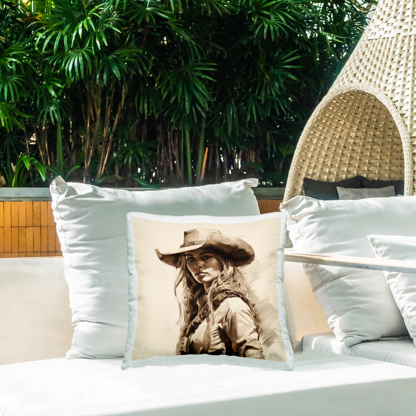 Western Cowgirl Gaze Outdoor Printed Pillow Design by RB, 18 x 7 x 18