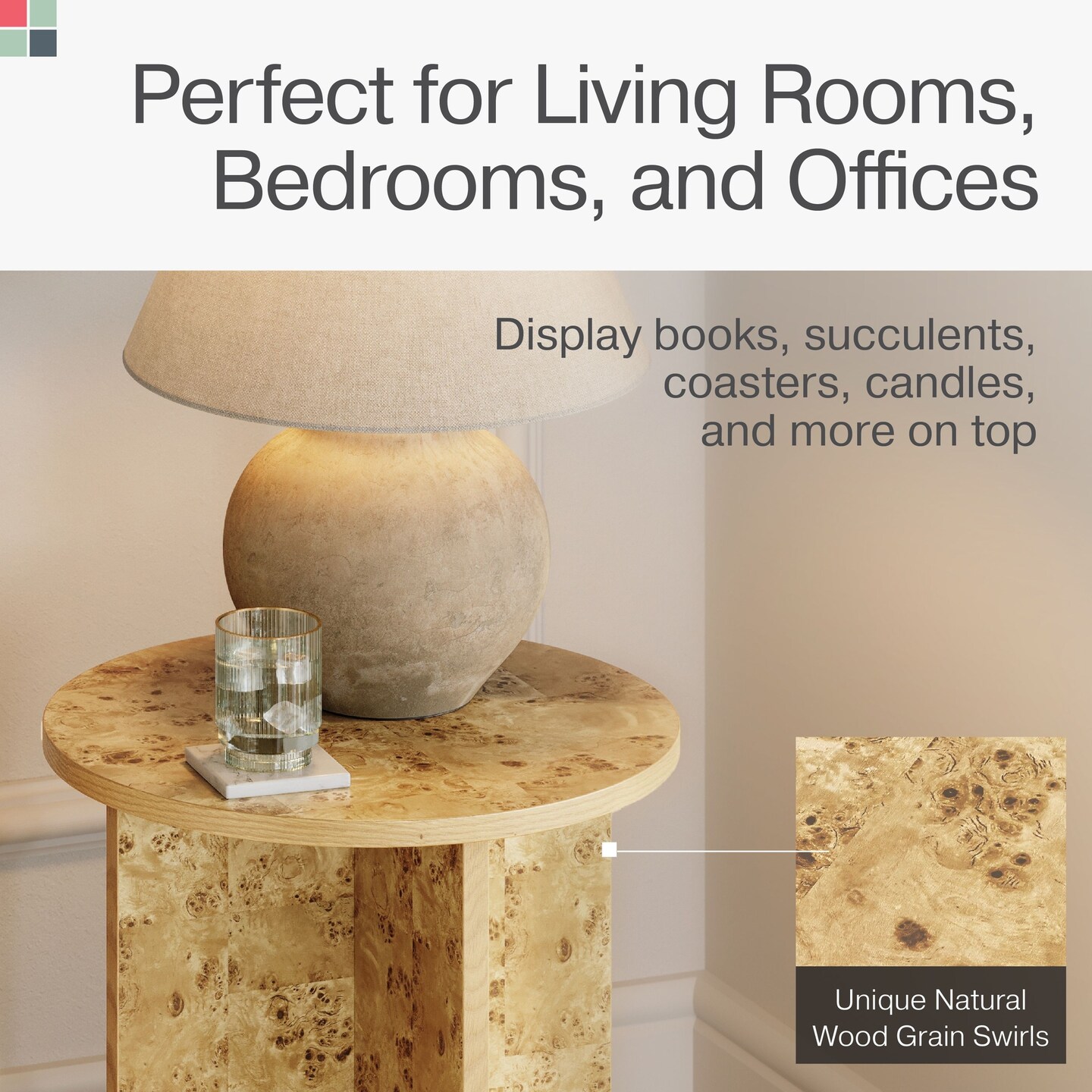 Round Burl Wood Side Table - Modern Home, Bedroom, and Living Room Furniture - Wooden Nightstand - 16 Inch End Desk - Small Wooden Accent Table - Solid Base and Wood Grain Veneer Finish (Burl)