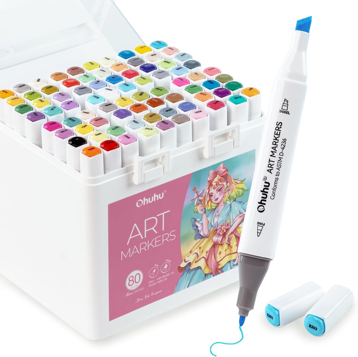 Ohuhu Markers for Starters, 80-color Chisel &#x26; Fine Dual Tips Alcohol Markers Coloring Illustration Sketching Alcohol Art Marker Set for Adult Beginner, Great Value Pack for Students&#x27; Art Class -Manoa