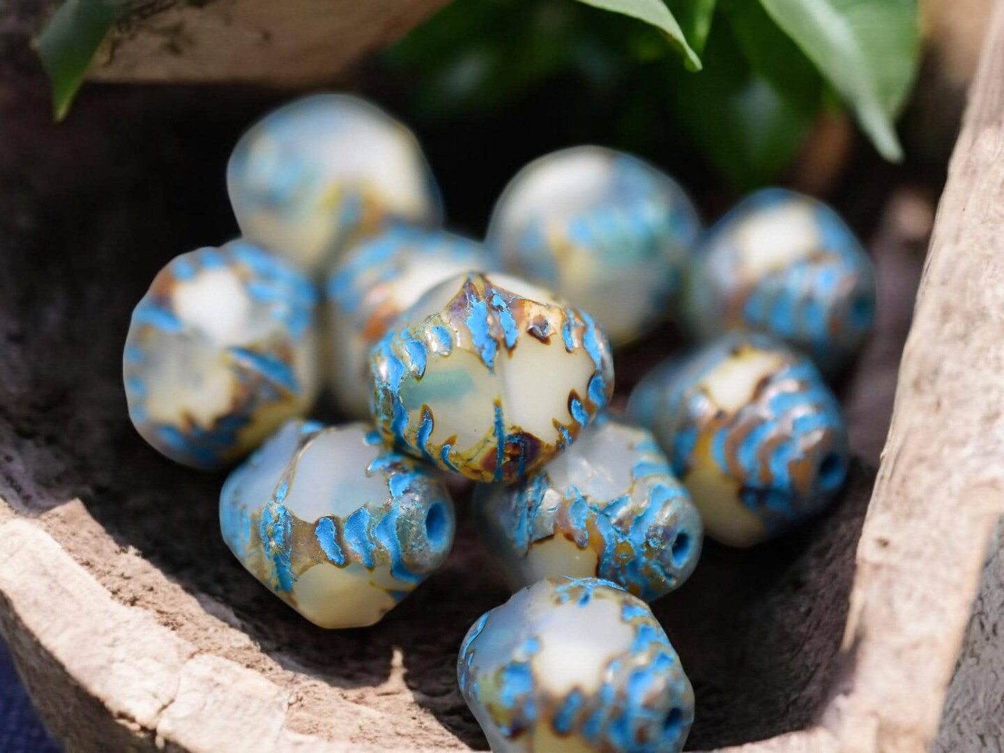 *15* 10x8mm Turquoise Washed White Opal Picasso  Faceted Bicone Beads