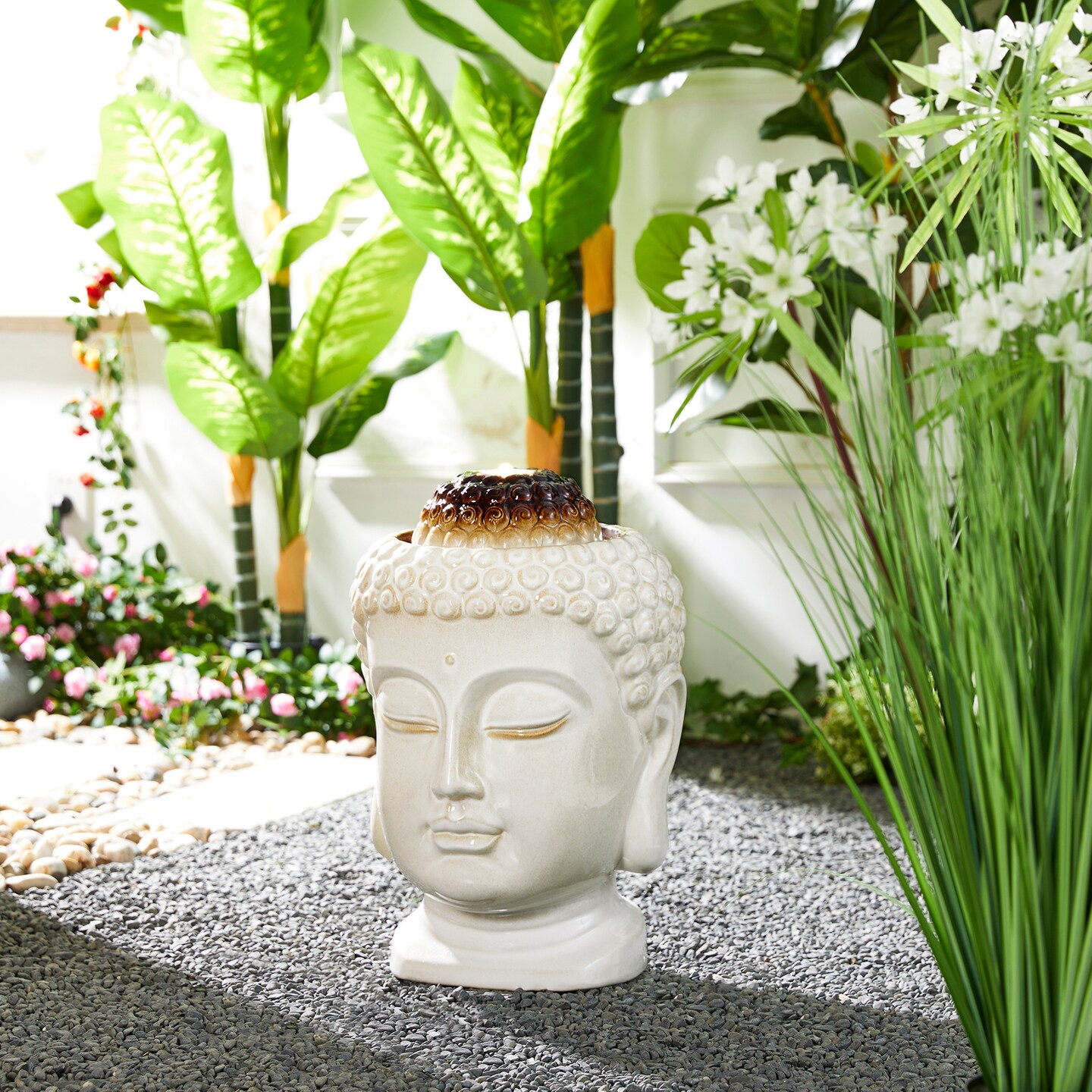 18.75"H Zen-Style Buddha Head Textured Glaze Ceramic Outdoor Tabletop or Floor Fountain with Pump