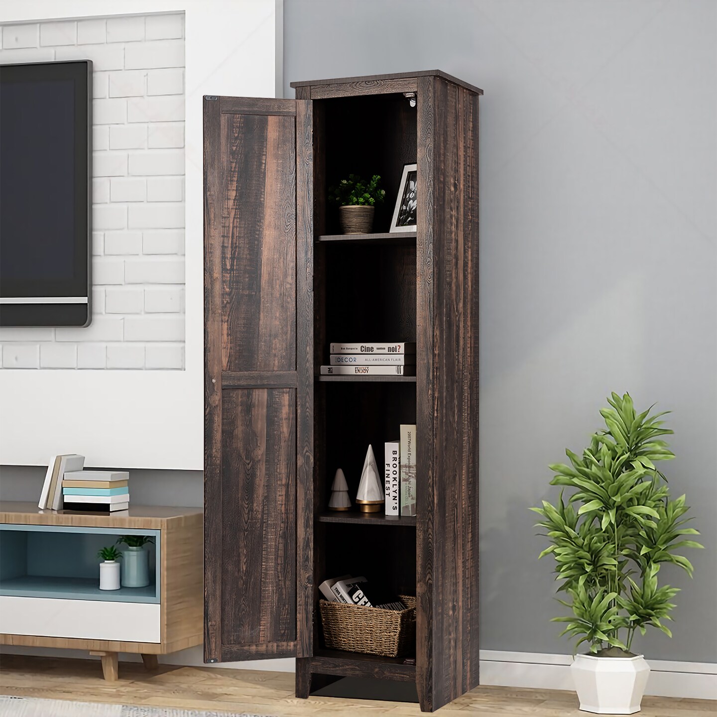 Costway Linen Tower Bathroom Storage Cabinet Tall Slim Side Organizer w/ Shelf White\ Black\Walnut