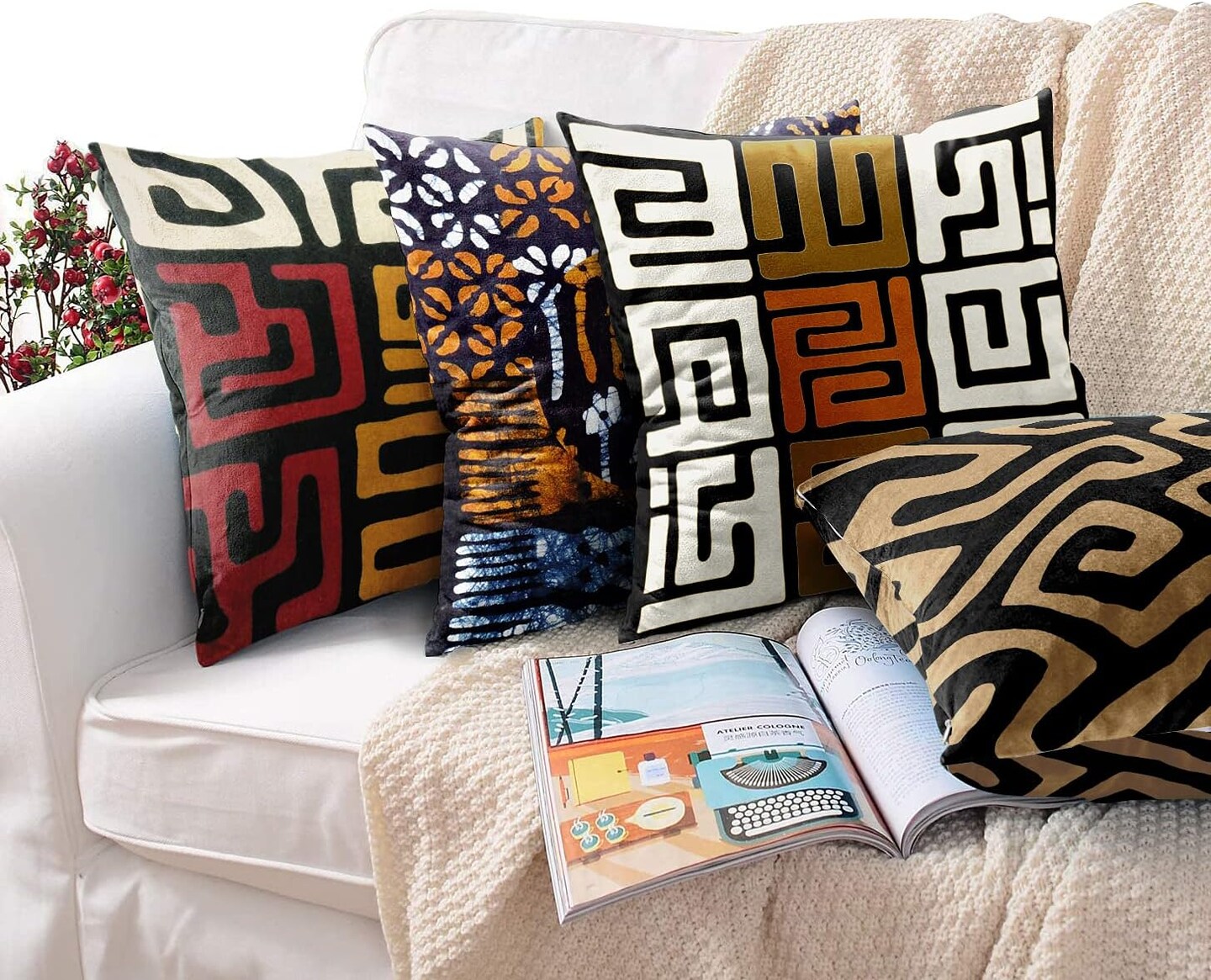 Set of 4 Throw Pillow Covers Orange Tribal Kuba Inspired Earth Colors Geometric Ethnic Black Brown Mud African Decorative Pillow Cases Home Decor Square 18x18 Inches Pillowcases