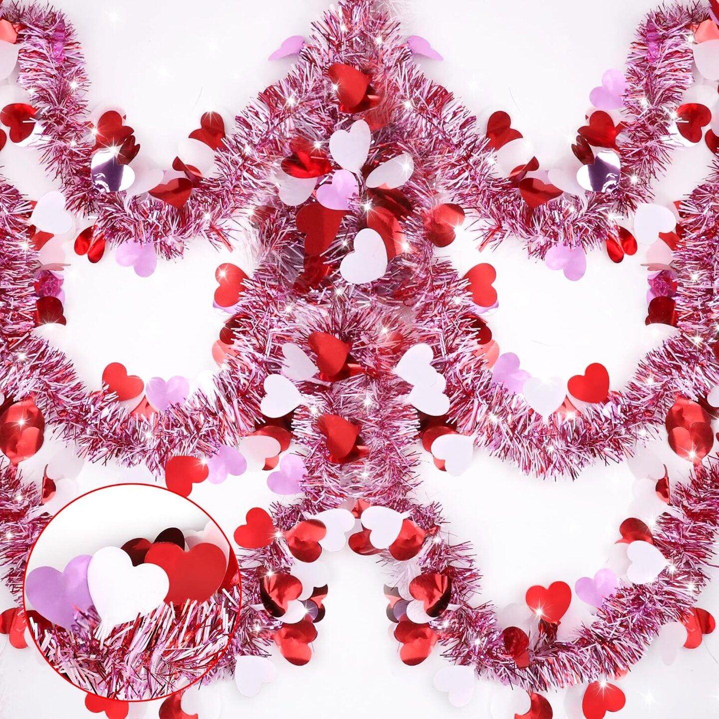 33 Ft Valentines Heart Tinsel Garland Decorations, Valentines Day Red Pink White Metallic Garland Valentine&#x27;s Day Decorations for Home Indoor Outdoor Wedding Hanging Valentines Day Decor