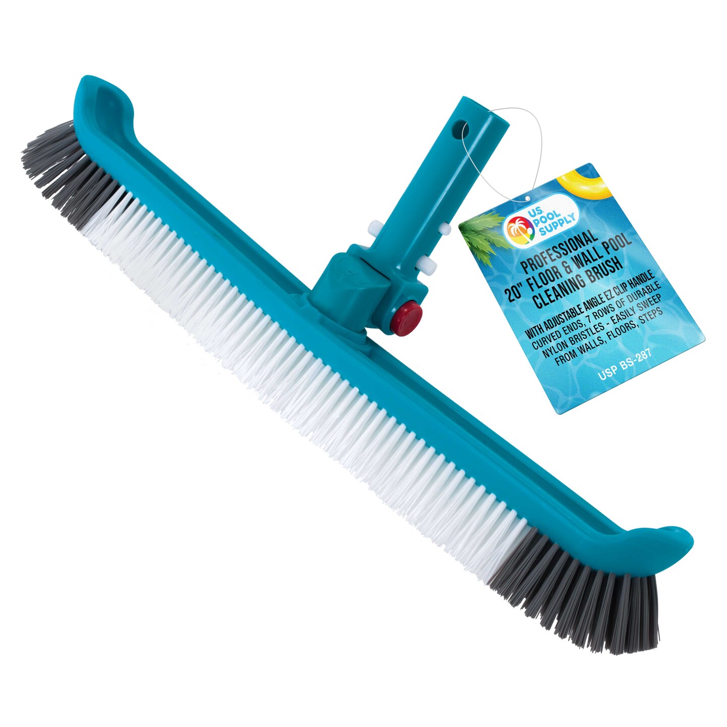 U.S. Pool Supply&#xAE; Professional 20&#x22; Floor &#x26; Wall Pool Cleaning Brush with Adjustable Angle EZ Clip Handle - Curved Ends, 7 Rows of Durable Nylon Bristles - Sweep Algae