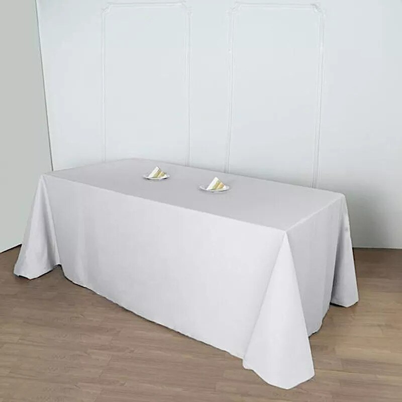 90x156-Inch SILVER RECTANGULAR Polyester Tablecloths Reception Catering Wedding