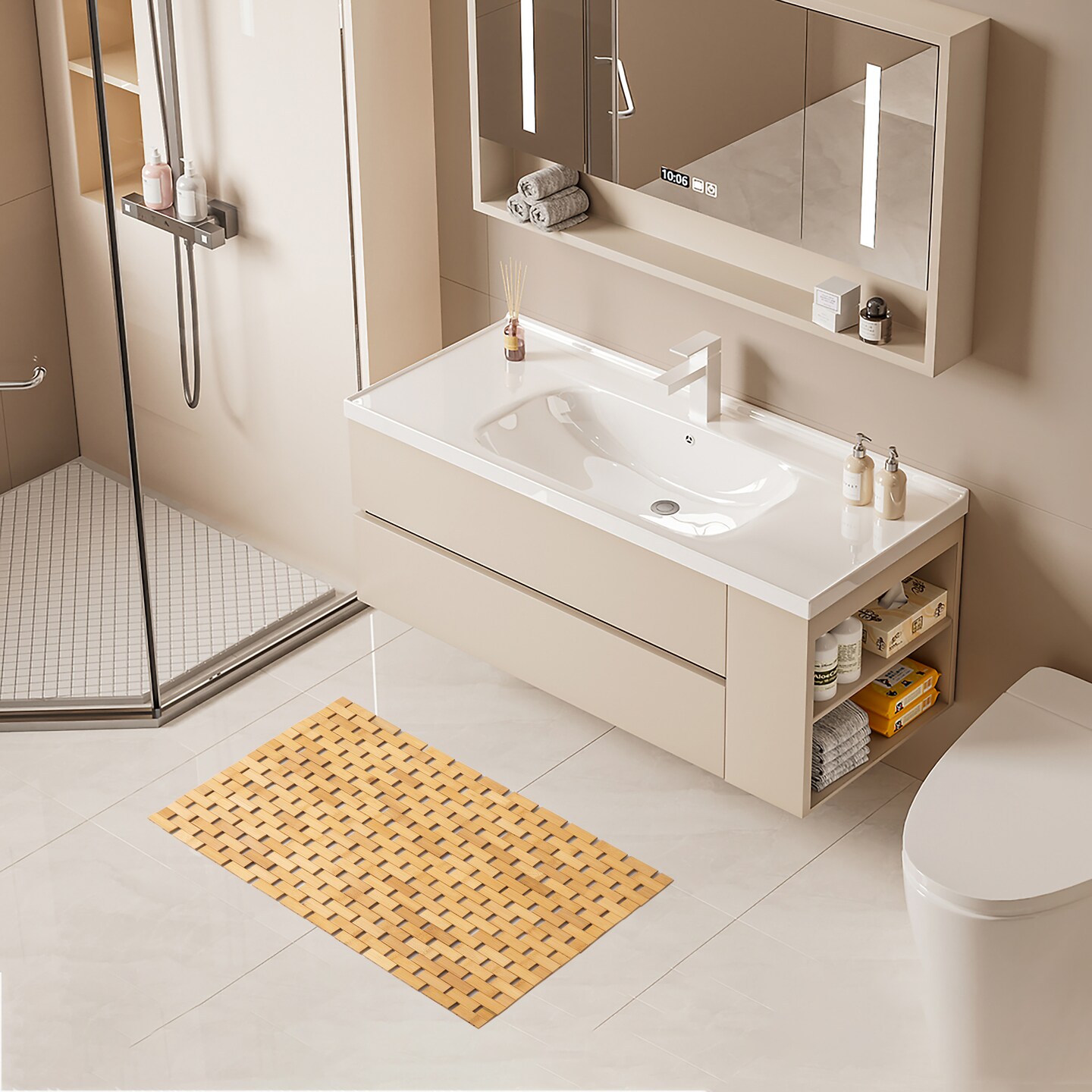 Basicwise Foldable Bamboo Bathroom Mat - Non-Slip Design for Showers, Bathtubs, Spas, and Pools - Providing Comfort, Quick Drying, and a Practical Accessory and Decorative Element for Your Home