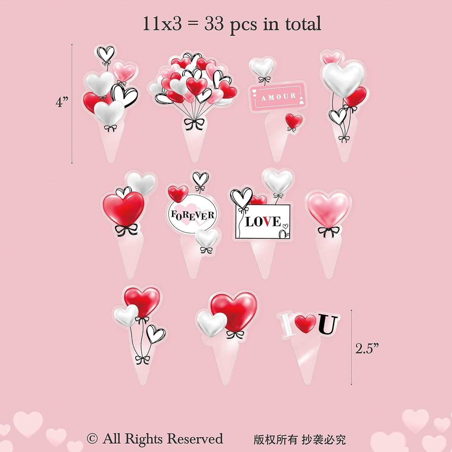 33 Pcs Love Heart Cupcake Topper Red White Pink Valentine&#x2019;s Day Muffin Cake Decorations Mothers Day Birthday Proposal Engagement Anniversary Party Supplies Love Romantic Topper Bulk Picks