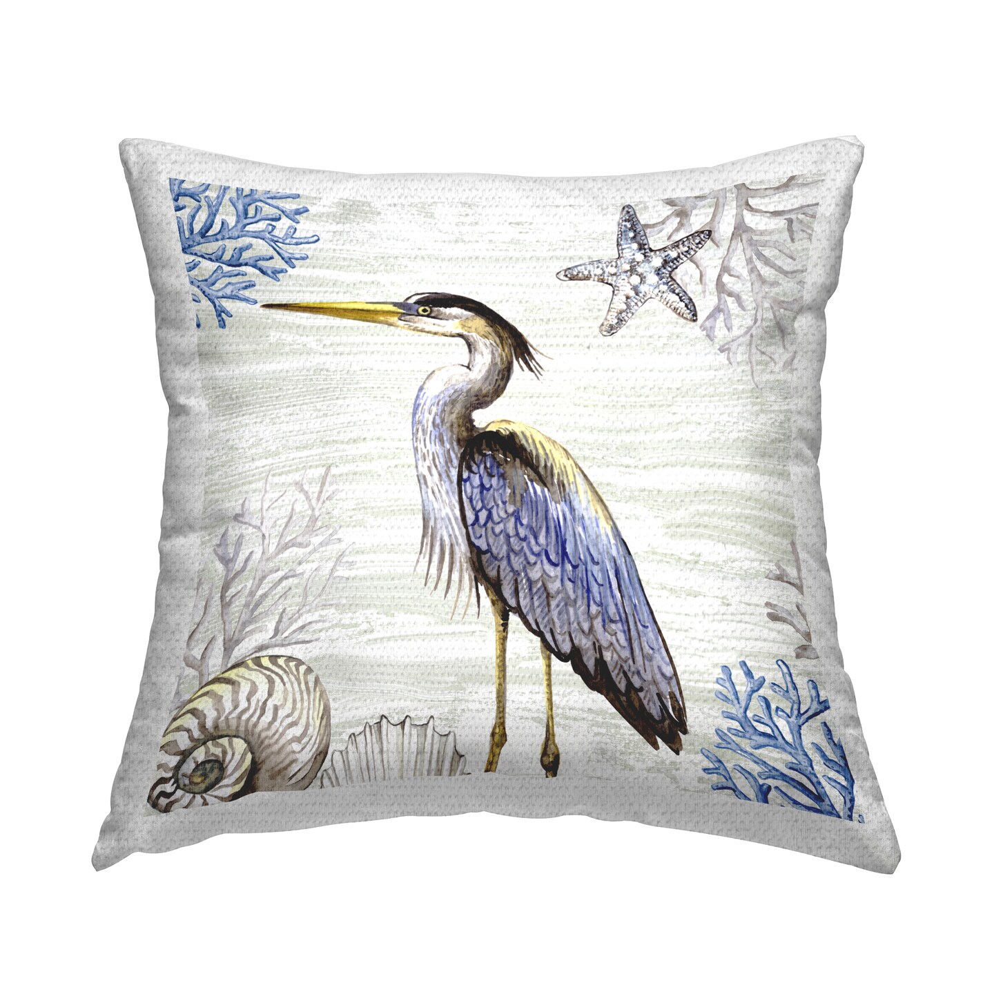 Beach Bird Heron & Coral Outdoor Printed Pillow Design by Elena Vladykina, 18 x 7 x 18
