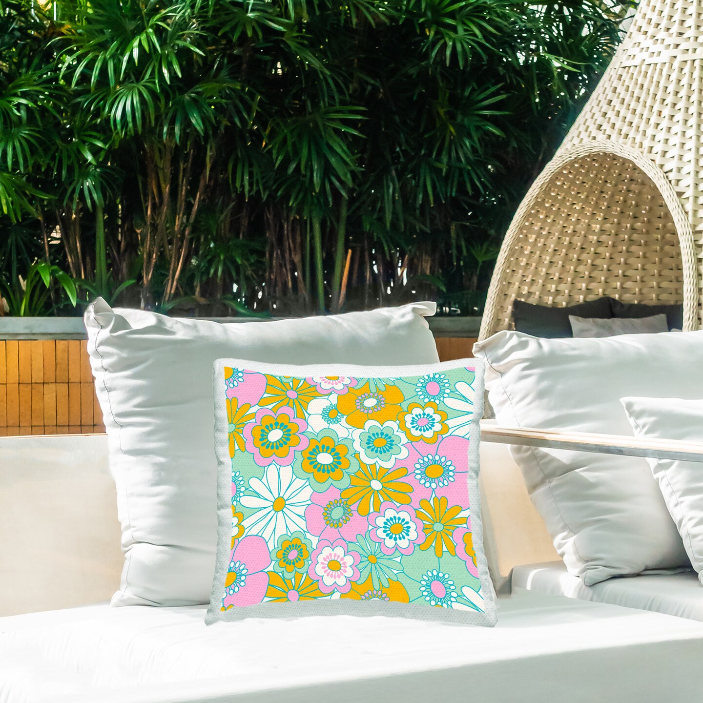 Groovy Flower Pattern Design by Carrie Cantwell Outdoor Printed Pillow