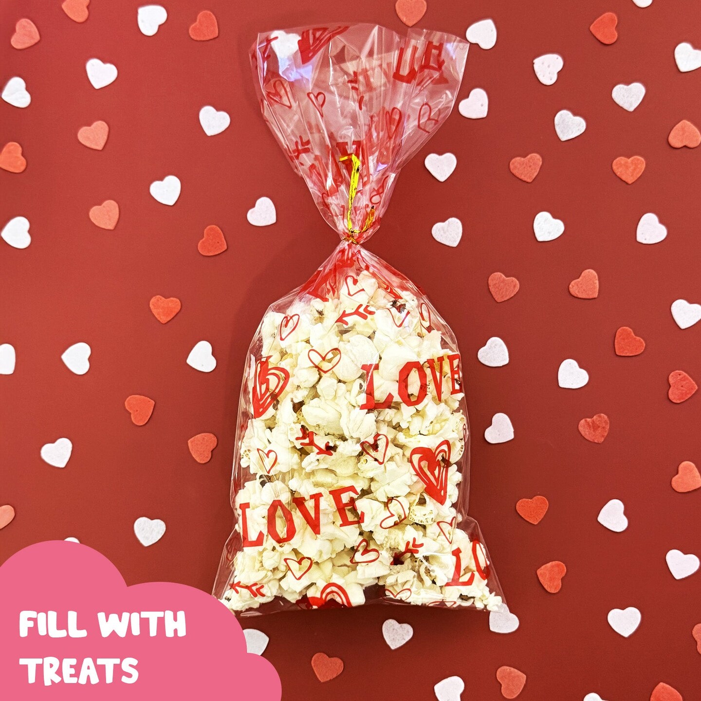 Wrapables Valentines Cellophane Treat Bags With Twist Ties for Candy, Cookies, Treats, Gifts and Party Favors (100pcs), Love Hearts