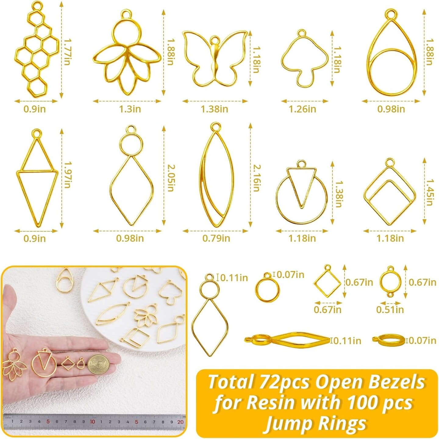 LET&#x27;S RESIN 172 pcs Open Bezels for Resin, 2 Size 36 Styles of Gold Hollow Frame Pendants Bezels with 100pcs Jump Rings, Unique Resin Bezels for Jewelry Making, Necklaces Earrings Making Supplies