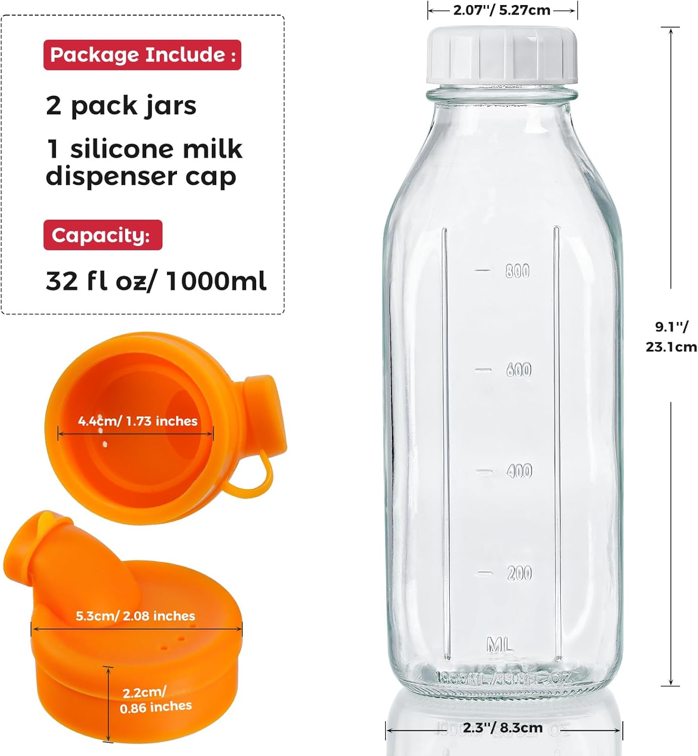 32 oz Reusable Glass Milk Bottles with Silicone Dispenser Cap, 2 Pack Glass Jars with Airtight Screw Lid, Leak Proof Glass Juice Bottles with Scale Mark for Fridge