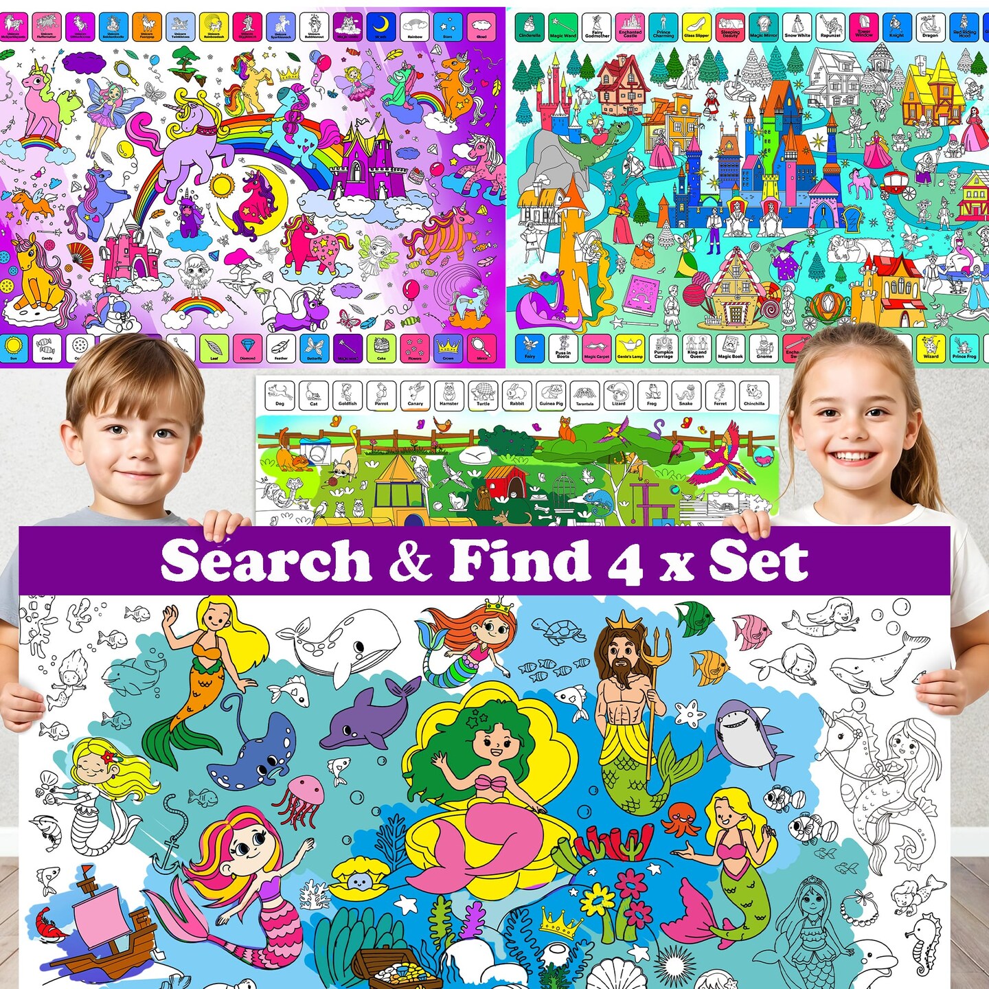 4 Giant Coloring Posters for Kids | Farm, Sea, Zoo &#x26; Birds